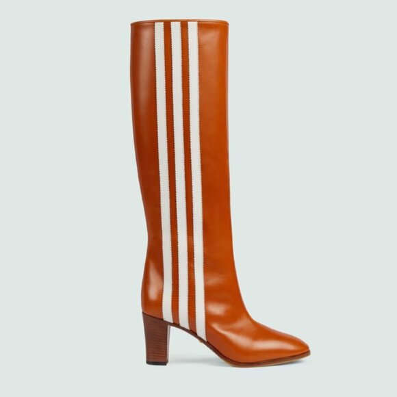 GUCCI BOOTS ADIDAS X KNEE HIGH STRIPE BROWN LEATHER  sz 38 8 US - Picture 4 of 16